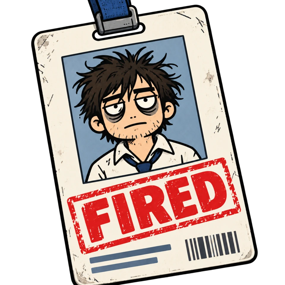 The original FIRED employee badge: a tired cartoon employee with messy hair and a loose tie, stamped FIRED.